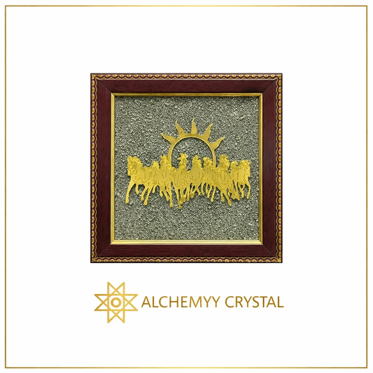 Decorative Golden 7 Horses on Raw Pyrite with Rising Sun Frame