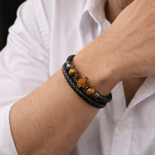 Tiger Eye Cross Leather Bracelet – Strength & Protection