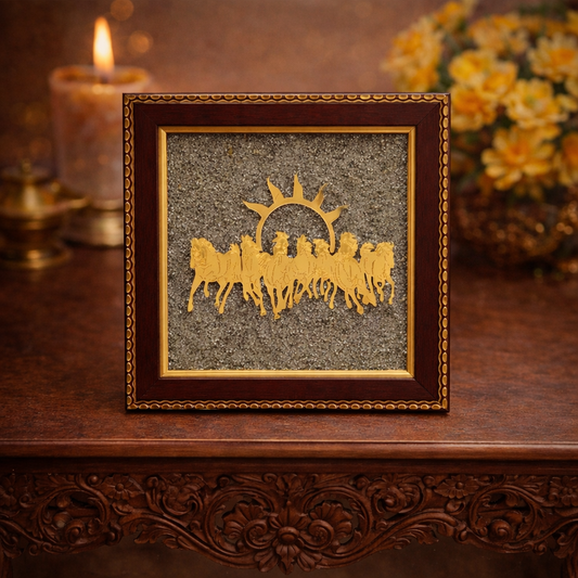 Raw Pyrite Frame with Golden 7 Horses & Rising Sun – Wealth & Victory