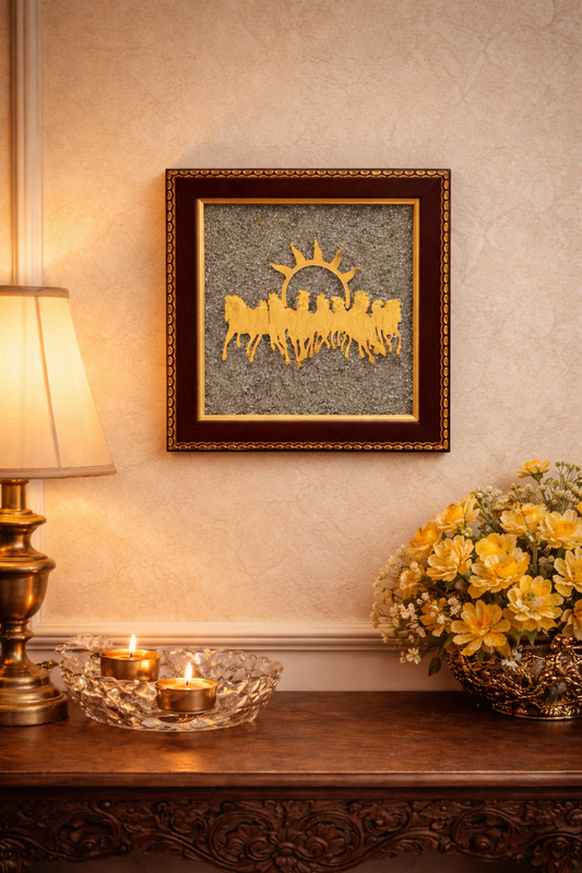 Raw Pyrite Frame with Golden 7 Horses & Rising Sun – Wealth & Victory