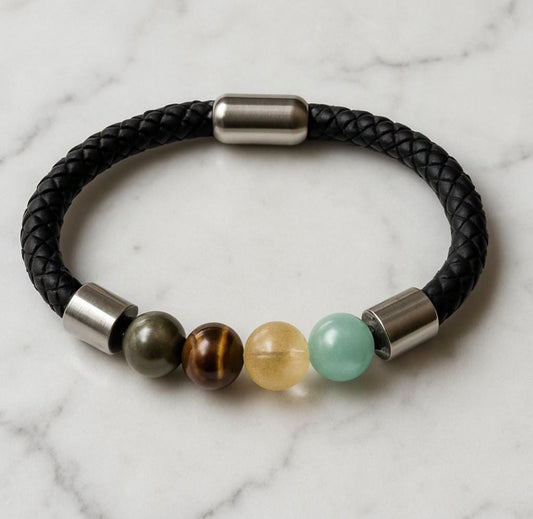 Men’s Magnetic Crystal Leather Bracelet – Tiger Eye, Citrine, Green Aventurine & Obsidian