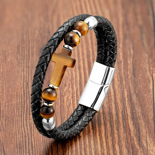Men’s Tiger Eye Cross Leather Bracelet