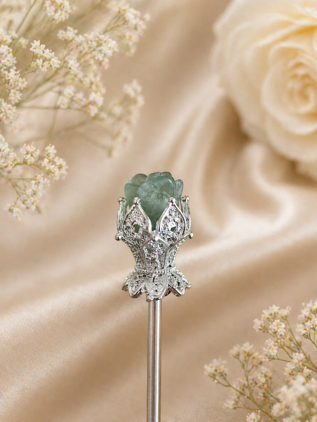 Green Aventurine Floral Crystal Hair Pin – Luxury Healing Hair Accessory