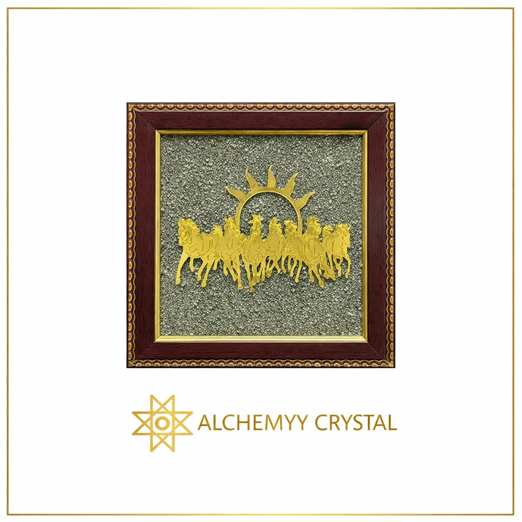 Decorative Golden 7 Horses on Raw Pyrite with Rising Sun Frame
