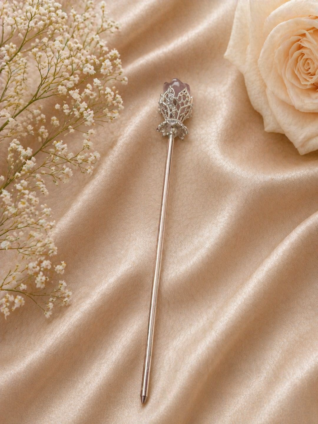 Lavender Quartz Floral Crystal Hair Pin – Silver Finish Elegant Hair Accessory