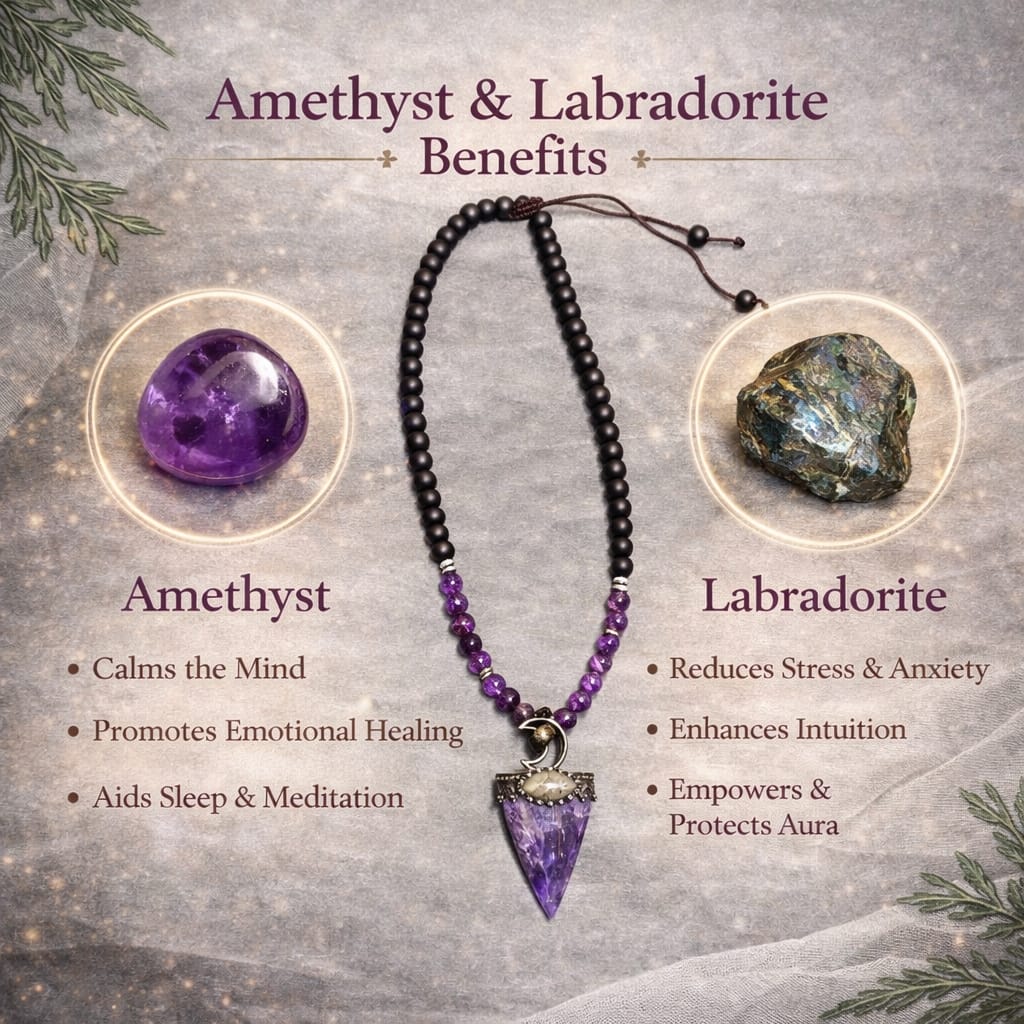 Amethyst & Labradorite Healing Necklace | Intuition, Calm & Protection Pendant